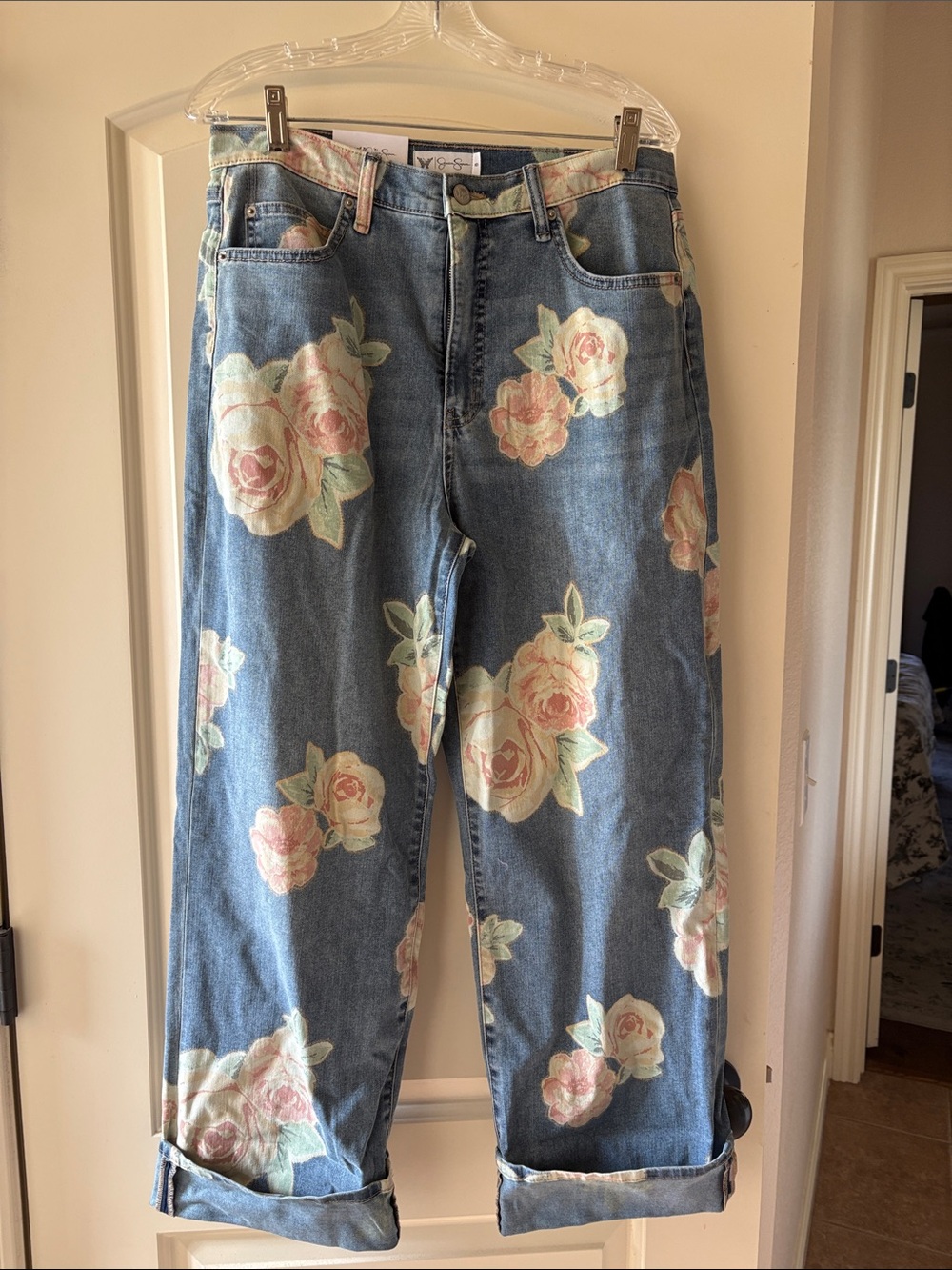 Hi Jessica Simpson Blue Denim Boyfriend Jeans with Pink Floral Print